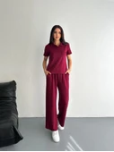Lucky Life Kadın Yumuşak Dokulu Kumaş Kısa Kollu Lucky Life Kadın Yakalı T-shirt Pantalon Ikili Takım- Bordo - 4