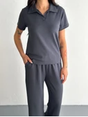Lucky Life Kadın Yumuşak Dokulu Kumaş Kısa Kollu Lucky Life Kadın Yakalı T-shirt Pantalon Ikili Takım- Antrasit - 1