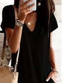 Lucky Life Kadın Kısa Kollu V Yakalı Cepli Kısa Viskon Elbise thumbnail 1