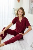 Kadın Önden Düğmeli Gömlek Yakalı Pamuk Saten Dokuma Göğüs Cepli Kısa Kol Pijama Takımı - 2