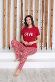 Kadın Düğmesiz Bisiklet Yaka Viskon Yazlık Kısa Kol Cepli Pijama Takımı - 9