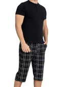 Erkek Bisiklet Yaka 3 Düğmeli Ekose Desen Modal Kısa Kol Cepli Kapri Pijama Takımı - 6