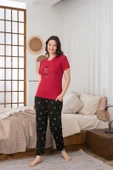 Kadın Düğmesiz Bisiklet Yaka Viskon Yazlık Kısa Kol Cepli Pijama Takımı - 6