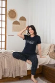 Kadın Düğmesiz Bisiklet Yaka Viskon Yazlık Kısa Kol Cepli Pijama Takımı - 4