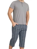 Erkek Bisiklet Yaka 3 Düğmeli Ekose Desen Modal Kısa Kol Cepli Kapri Pijama Takımı - 9