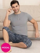 Erkek Bisiklet Yaka 3 Düğmeli Ekose Desen Modal Kısa Kol Cepli Kapri Pijama Takımı - 4