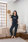 Kadın Düğmesiz Bisiklet Yaka Viskon Yazlık Kısa Kol Cepli Pijama Takımı - 3