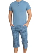 Erkek Bisiklet Yaka 3 Düğmeli Ekose Desen Modal Kısa Kol Cepli Kapri Pijama Takımı - 7