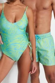 Kadın Moda Atma Kap Askılı Brief Yaka Soyut Desenli Tünelli Regular Mayo - 2