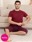 Erkek Bisiklet Yaka 3 Düğmeli Ekose Desen Modal Kısa Kol Cepli Kapri Pijama Takımı - 3