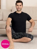 Erkek Bisiklet Yaka 3 Düğmeli Ekose Desen Modal Kısa Kol Cepli Kapri Pijama Takımı - 1