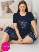 Kadın Bisiklet Yaka Düğmesiz Battal Kesim Viskon Kısa Kol Kapri Cepli Büyük Beden Pijama Takımı - 6