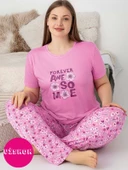 Kadın Bisiklet Yaka Düğmesiz Battal Kesim Viskon Yazlık Kısa Kol Cepli Büyük Beden Pijama Takımı - 1