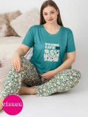 Kadın Bisiklet Yaka Düğmesiz Battal Kesim Viskon Yazlık Kısa Kol Cepli Büyük Beden Pijama Takımı - 2