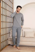 Erkek Ekose Desen 3 Düğmeli Bisiklet Yaka Bilek Manşetli Modal Mevsimlik Uzun Kol Cepli Pijama Takım - 4