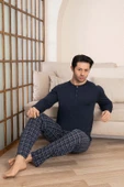 Erkek Ekose Desen 3 Düğmeli Bisiklet Yaka Bilek Manşetli Modal Mevsimlik Uzun Kol Cepli Pijama Takım - 8