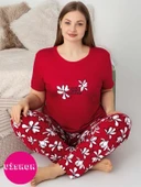 Kadın Bisiklet Yaka Düğmesiz Battal Kesim Viskon Yazlık Kısa Kol Cepli Büyük Beden Pijama Takımı - 4
