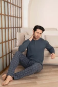 Erkek Ekose Desen 3 Düğmeli Bisiklet Yaka Bilek Manşetli Modal Mevsimlik Uzun Kol Cepli Pijama Takım - 6