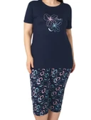 Kadın Bisiklet Yaka Düğmesiz Battal Kesim Viskon Kısa Kol Kapri Cepli Büyük Beden Pijama Takımı - 2