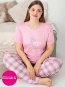 Kadın Bisiklet Yaka Düğmesiz Battal Kesim Viskon Yazlık Kısa Kol Cepli Büyük Beden Pijama Takımı - 3