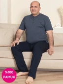 Erkek Geniş Kalıp %100 Pamuk Kısa Kol Cepli Büyük Beden Pijama Takımı - 3