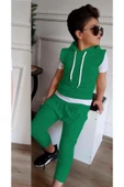 Erkek Çocuk Kapüşonlu Şerit Detaylı Kat Şerit Detaylı Sweatshirt Lastikli Yeşil Eşofman - 2
