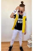 Erkek Çocuk Mini Boy Yazı ve Şerit Detaylı T-shirt Kolsuz Sarı Yelek Eşofman Takım - 2