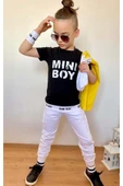 Erkek Çocuk Mini Boy Yazı ve Şerit Detaylı T-shirt Kolsuz Sarı Yelek Eşofman Takım - 3
