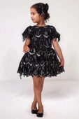 Kız Çocuk Üzeri Pulpayet İşlemeli Püsküllü Parlak Siyah Elbise thumbnail 1
