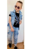 Erkek Çocuk Sırt Baskılı Sıfır Kol Jean Ceket Xox Detaylı T-shirt Jean Alt Üst Takım - 2