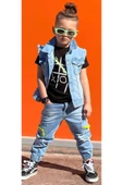 Erkek Çocuk Sırt Baskılı Sıfır Kol Jean Ceket Xox Detaylı T-shirt Jean Alt Üst Takım - 1