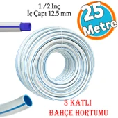 25 Metre Bahçe Hortumu 3 Katlı Sağlam Çeşme Su Sulama Hortum Araç Araba Yıkama 12.5 mm 1/2" - 1