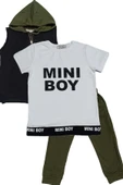 Erkek Çocuk Mini Boy Yazı ve Şerit Detaylı T-shirt Kolsuz Siyah Yelek Eşofman Takım - 1
