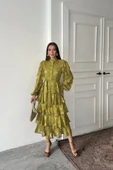 Yağ Yeşili Valonlu Şeritli Kat Kat Elbise thumbnail 2