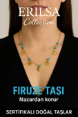 Sertifikalı Gold Firuze - Turkuaz Taşı Şans Charm Kolye - Işıltı Serisi - 1