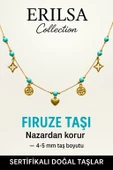 Sertifikalı Gold Firuze - Turkuaz Taşı Şans Charm Kolye - Işıltı Serisi - 2
