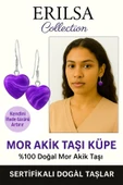 Sertifikalı Kalp Model Mini Mor Akik Taşı Doğal Taş Küpe – Koruma, Denge ve Ruhsal Şifa Taşı - 1