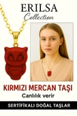 Sertifikalı Baykuş Model Kırmızı Mercan Kolye – Bilgelik, Enerji ve Cesaret Taşı - 1