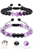 Sertifikalı Doğal Şeffaf Mor Ametist Oniks Taşı Doğal Taş Bileklik Seti thumbnail 2