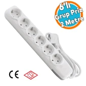 Kablolu Topraklı Grup Priz Fiş 6'lı Çoğaltıcı 2 Metre Çoklu Asmalı Uzatma Kablosu Anahtarsız - 1