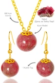 Sertifikalı Gold Küre Model Yakut Taşı Kolye ve Küpe Seti - Gümüş Aparatlı - 1