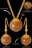 Sertifikalı Orijinal Gold Küre Model Güneş Taşı Kolye ve Küpe Seti - Gümüş Aparatlı - Koyu Renk - 1