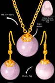 Sertifikalı Gold Küre Model Pembe Kuvars Taşı Kolye ve Küpe Seti - Açık Renk - 1