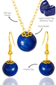 Sertifikalı Gold Küre Orijinal Lapis Lazuli Taşı Kolye ve Küpe Seti - Gümüş Aparatlı - 1