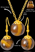 Sertifikalı Gold Küre Model Kaplan Gözü Taşı Kolye ve Küpe Seti - Gümüş Aparatlı - 1