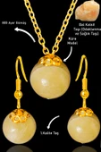 Sertifikalı Gold Küre Model Bal Kalsit Taşı Kolye ve Küpe Seti - Gümüş Aparatlı - 1