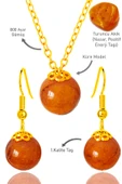 Sertifikalı Gold Küre Model Turuncu Akik Taşı Kolye ve Küpe Seti - Gümüş Aparatlı - Koyu Renk - 1