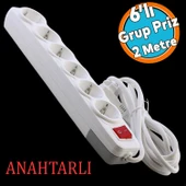 6'lı Grup Priz Anahtarlı Topraklı 2 Metre Seyyar Ara Kablolu Uzatma Kablolusu Altılı Piriz Kablo - 1