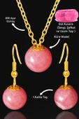 Sertifikalı Gold Küre Model Rose Kuvars Taşı Kolye ve Küpe Seti - Gümüş Aparatlı - 1
