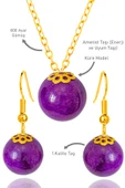 Sertifikalı Gold Küre Model Mor Akik Taşı Kolye ve Küpe Seti - Gümüş Aparatlı - 1